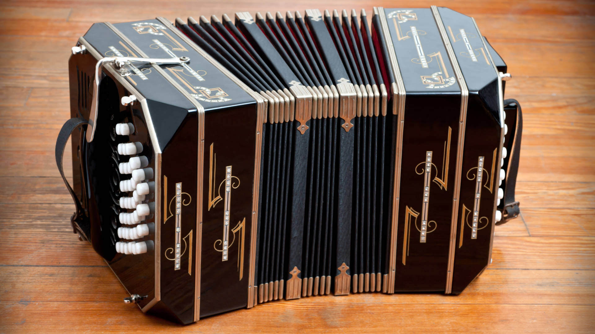 Close-up of a bandoneon with visible buttons and bellows, showing its structure and sound-producing design