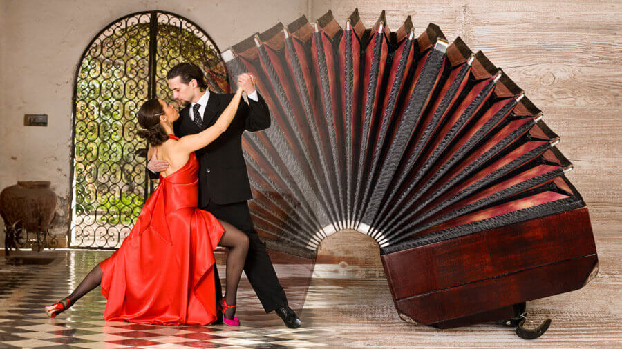 Tango couple dancing; background fades into a bandoneon