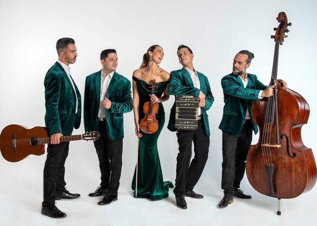 Small tango ensemble of five—bandoneon, two violins, piano, and double bass