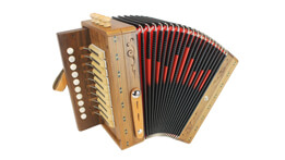 Melodeon, also called a diatonic accordion, with buttons and bellows shown from the front